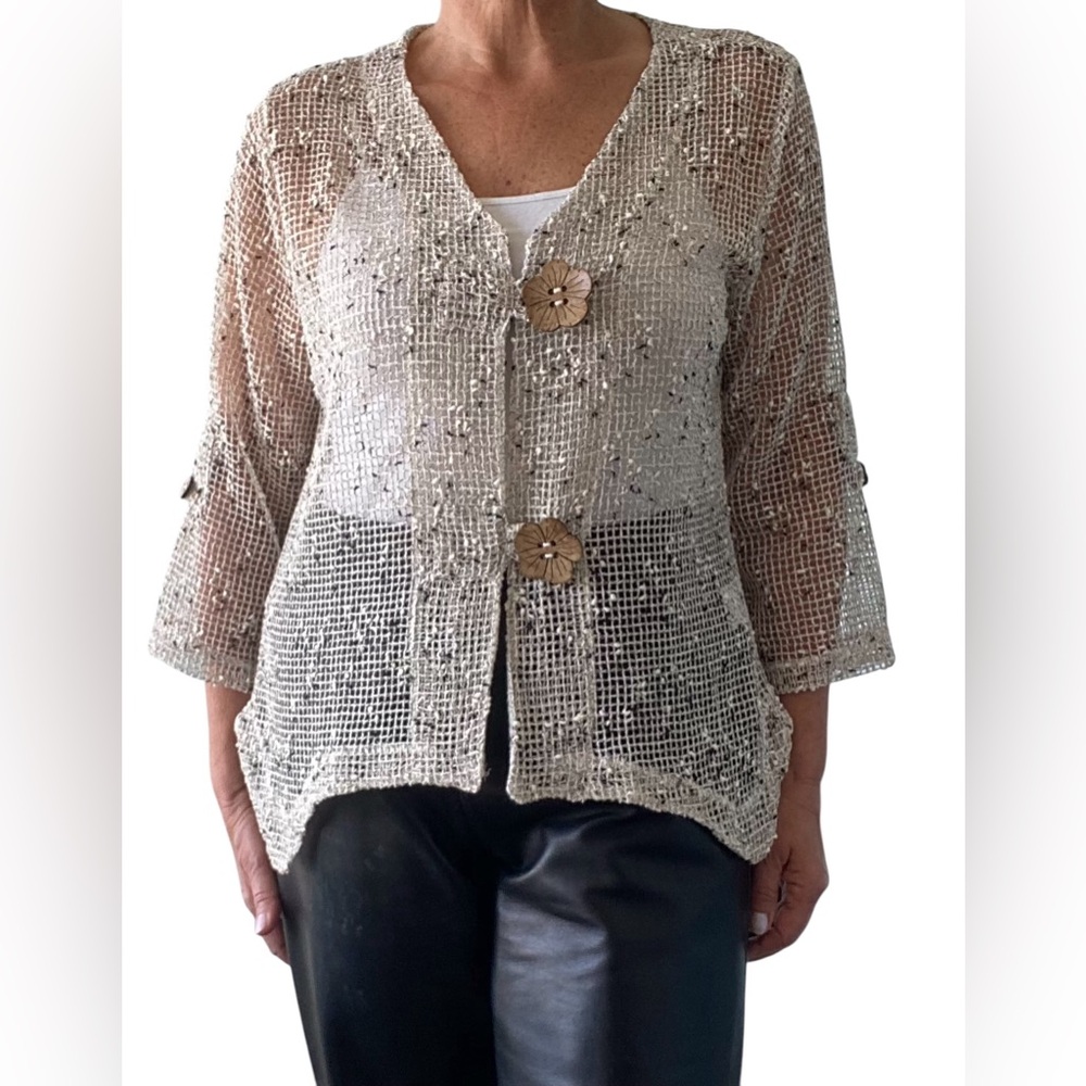 Nina Leonard ivory mesh knit top EUC Size L
